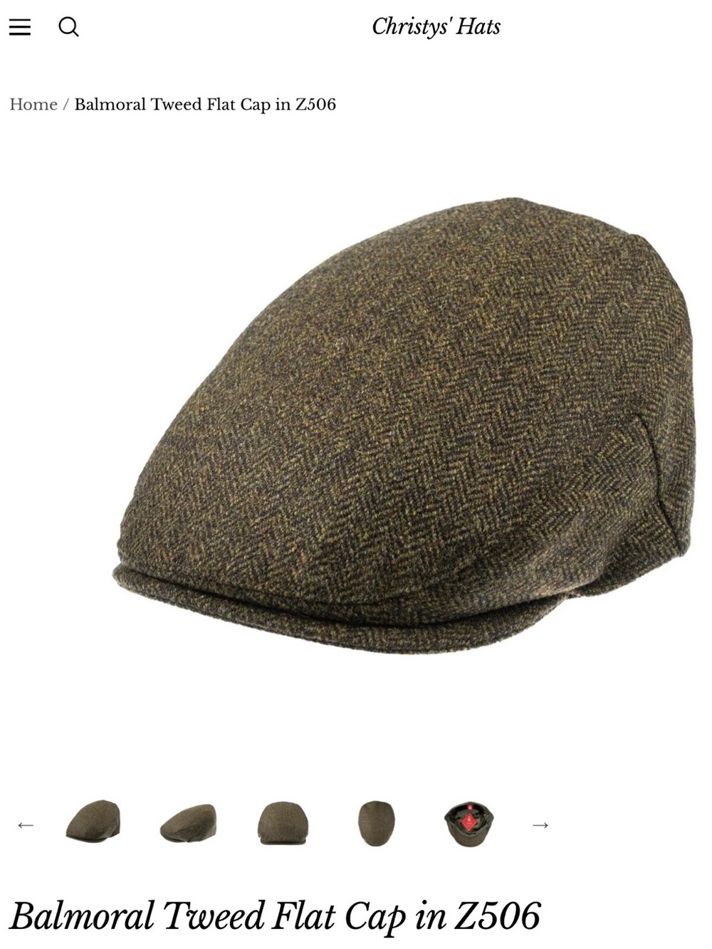 Christy Balmoral Tweed Cap in Olive